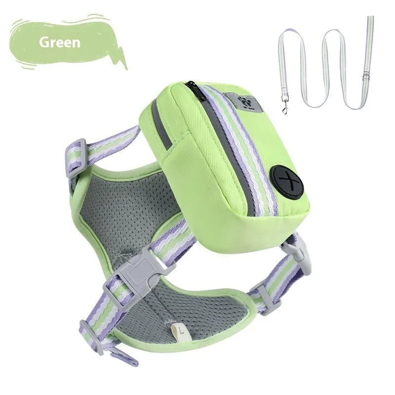 Pink explosion-proof dog harness with quick-release buckle and adjustable straps on a dog, with a 1.5m lead attached.