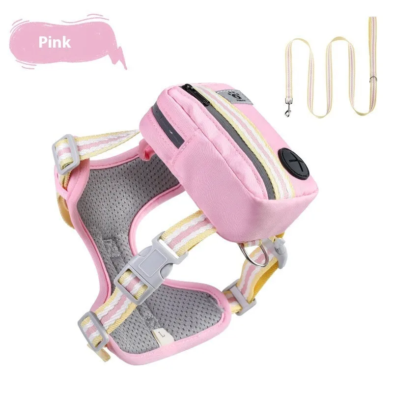 Pink explosion-proof dog harness with quick-release buckle and adjustable straps on a dog, with a 1.5m lead attached.