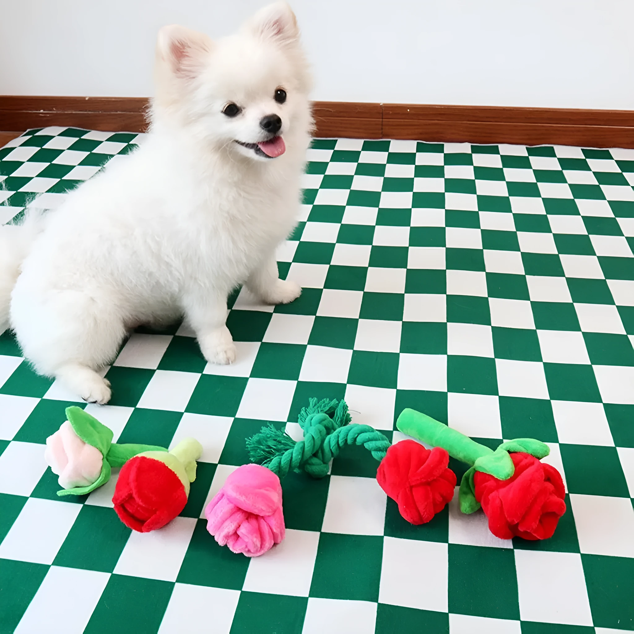 Plush rose flower dog chew toy with squeaker for small and large dogs