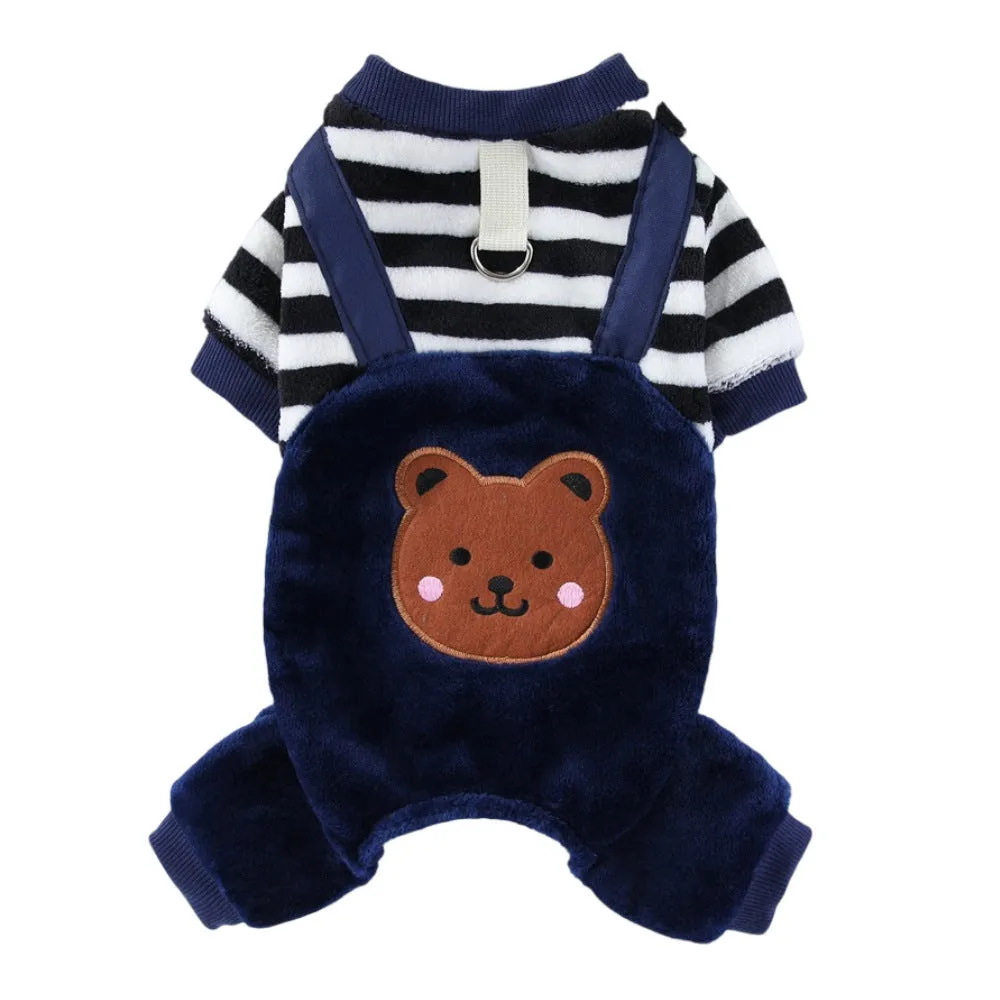 Red striped flannel four-leg pet clothing on a small pet, showing full body coverage and casual style