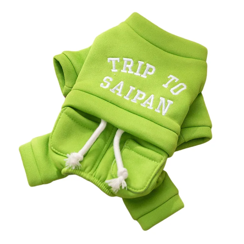 Green fleece puppy hoodie on a small dog, four-legged design with hood for autumn winter warmth
