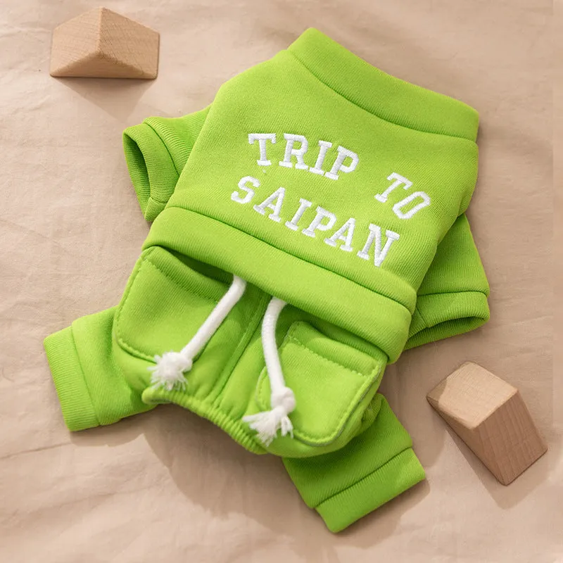 Green fleece puppy hoodie on a small dog, four-legged design with hood for autumn winter warmth