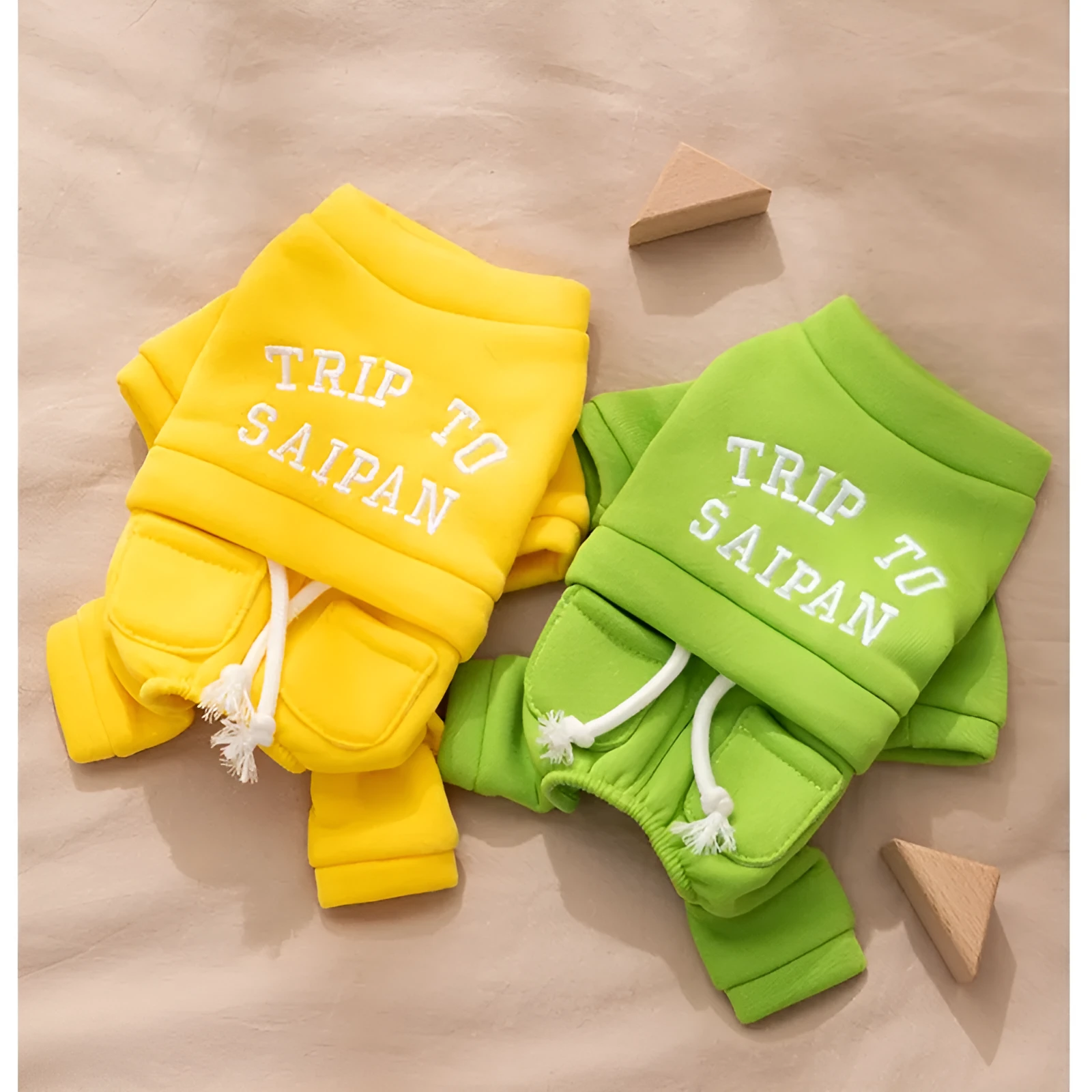 Green fleece puppy hoodie on a small dog, four-legged design with hood for autumn winter warmth