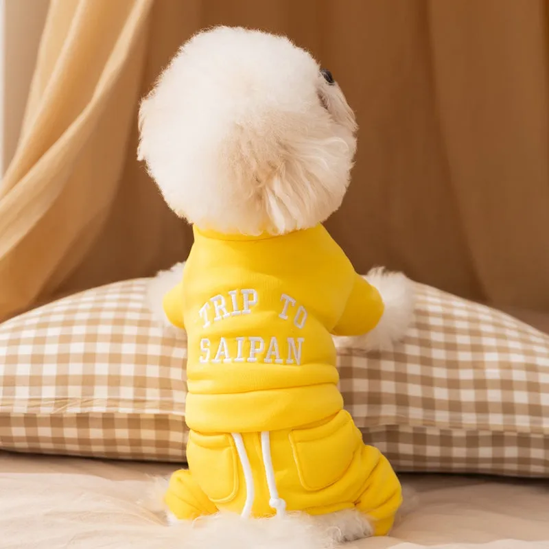 Green fleece puppy hoodie on a small dog, four-legged design with hood for autumn winter warmth
