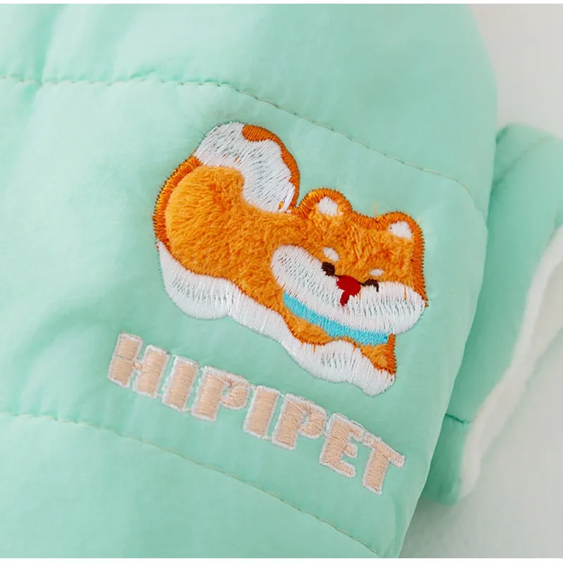 Autumn winter corgi dog clothes with removable cap, thick cotton four-legged jumpsuit in brown with bear embroidery