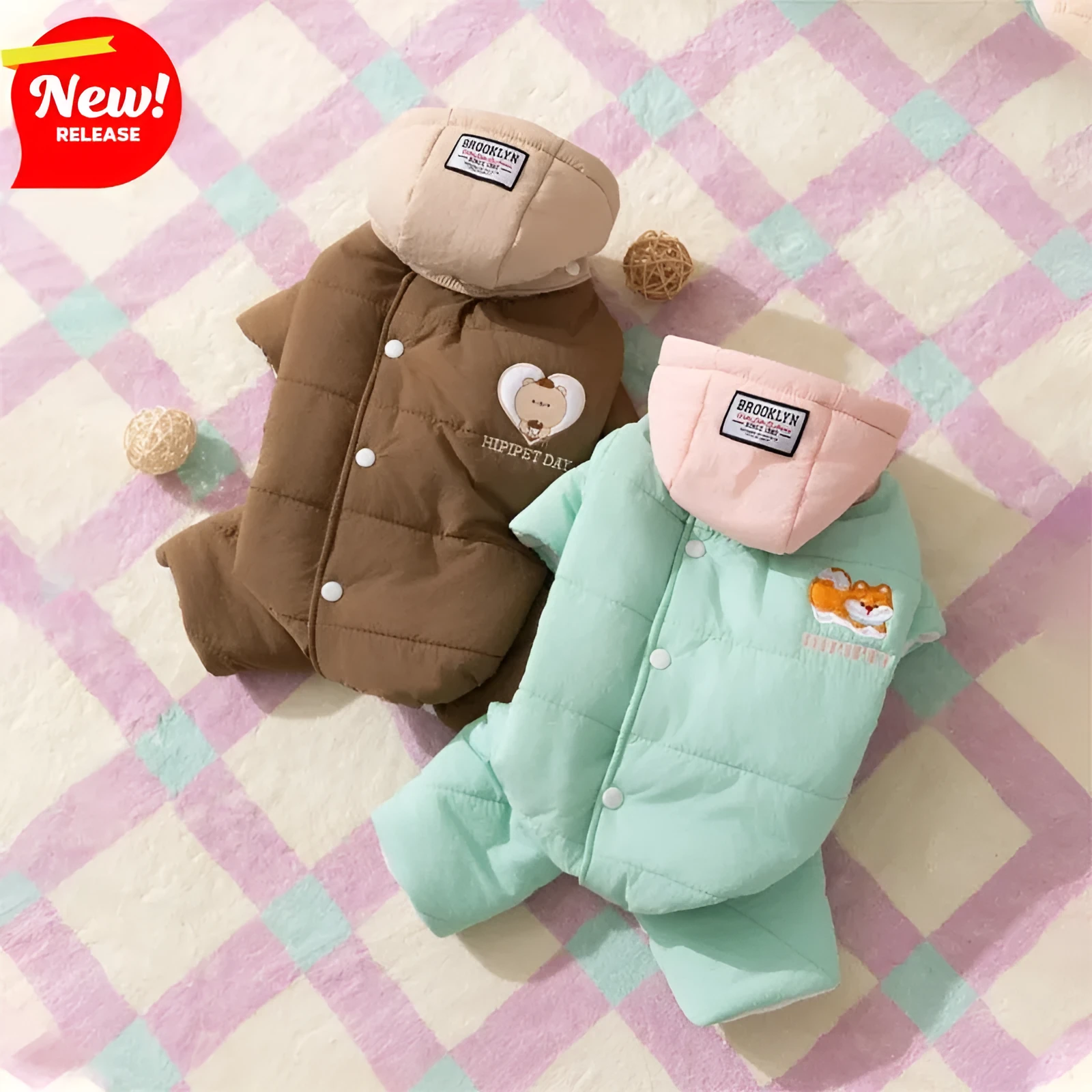 Autumn winter corgi dog clothes with removable cap, thick cotton four-legged jumpsuit in brown with bear embroidery