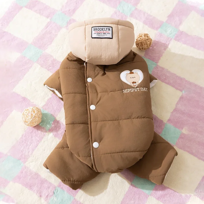 Autumn winter corgi dog clothes with removable cap, thick cotton four-legged jumpsuit in brown with bear embroidery