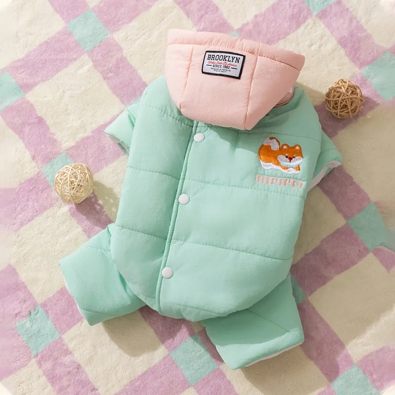 Autumn winter corgi dog clothes with removable cap, thick cotton four-legged jumpsuit in brown with bear embroidery
