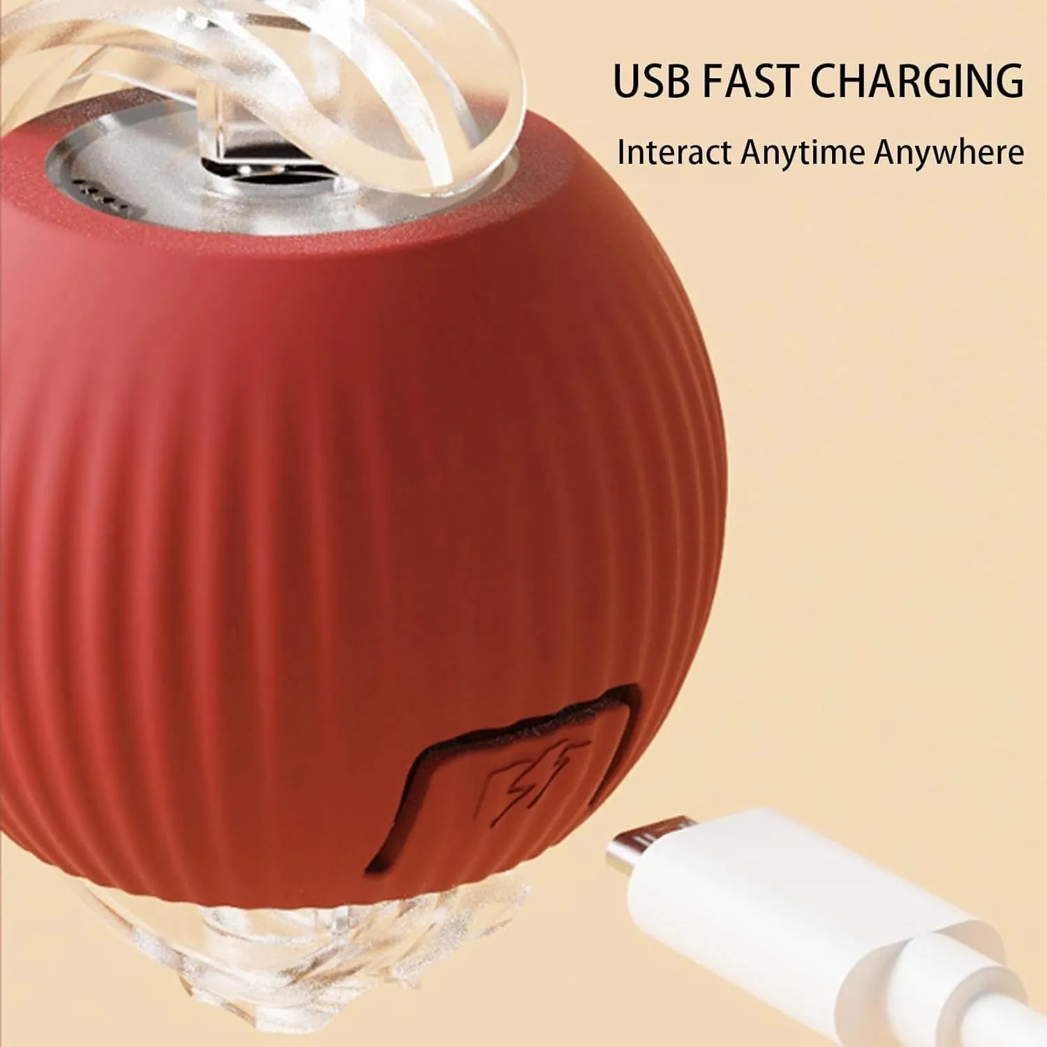 Grey automatic rolling ball toy for dogs and cats with attached rope, showing 6.5cm diameter