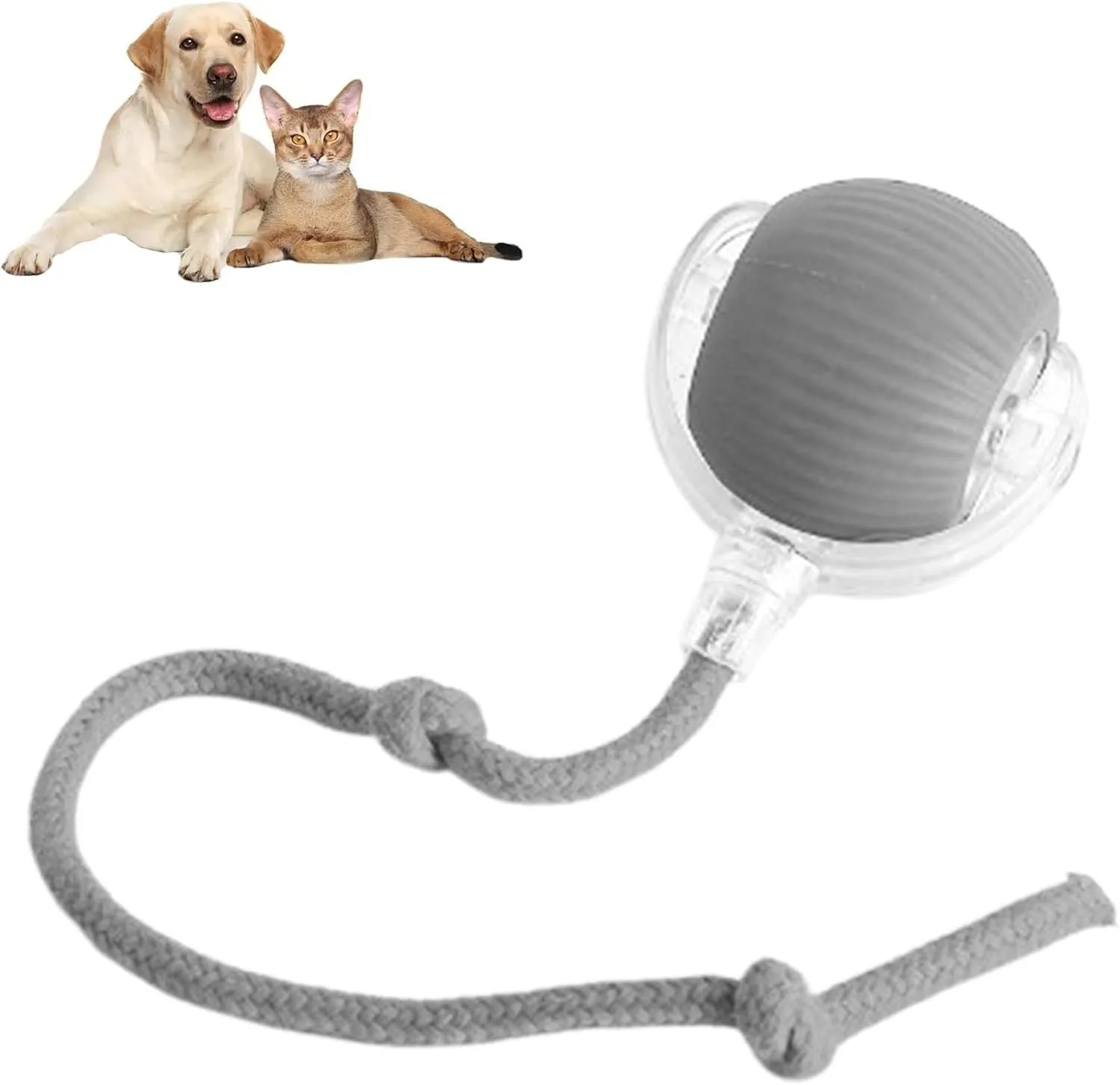 Grey automatic rolling ball toy for dogs and cats with attached rope, showing 6.5cm diameter