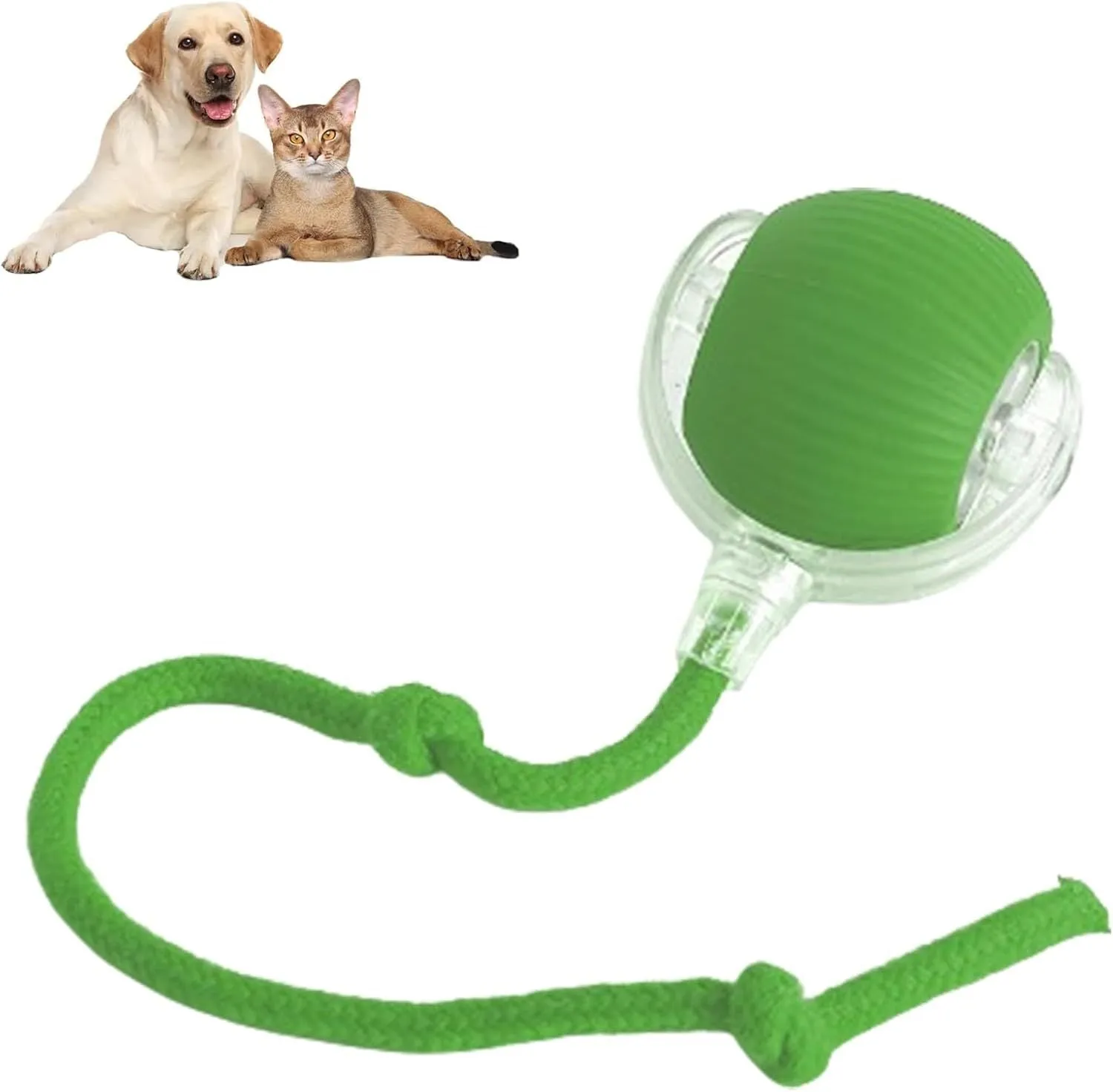 Grey automatic rolling ball toy for dogs and cats with attached rope, showing 6.5cm diameter