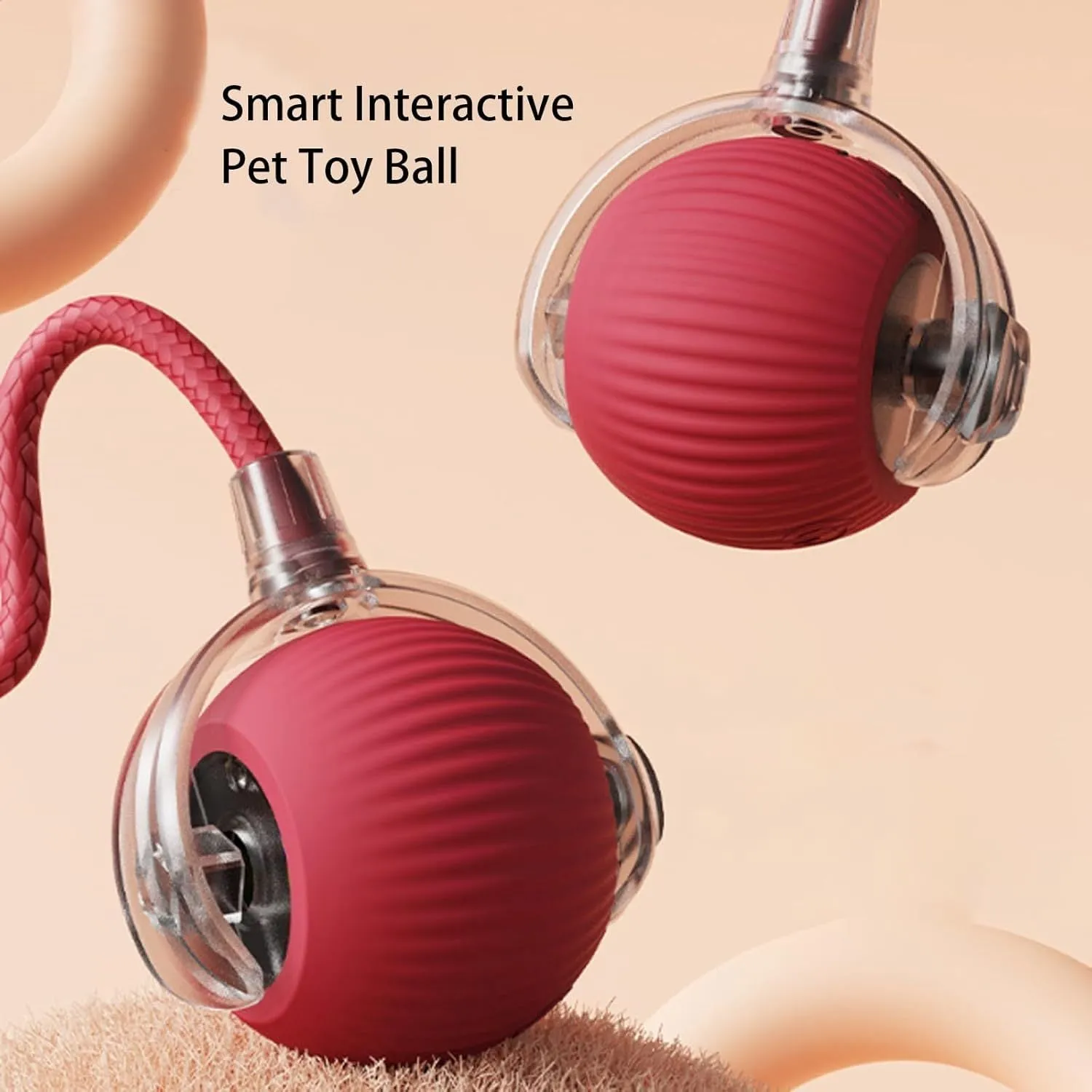 Grey automatic rolling ball toy for dogs and cats with attached rope, showing 6.5cm diameter
