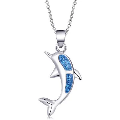 Alloy dolphin pendant necklace with opal resin finish and silver electroplated O chain, adjustable 21-50cm
