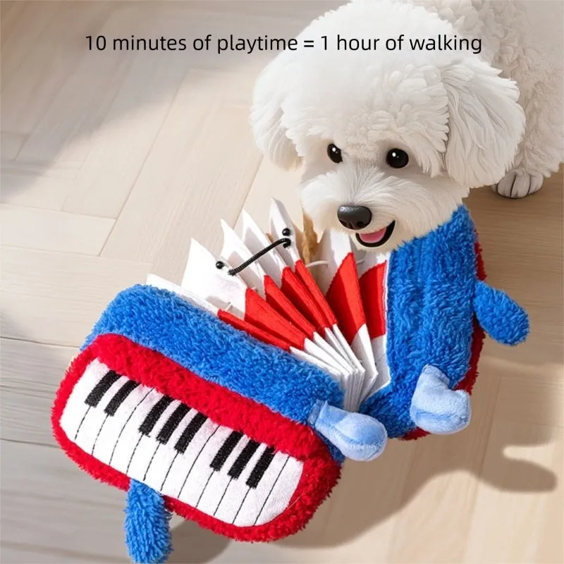 Blue accordion dog squeak toy with food hiding compartment on white background