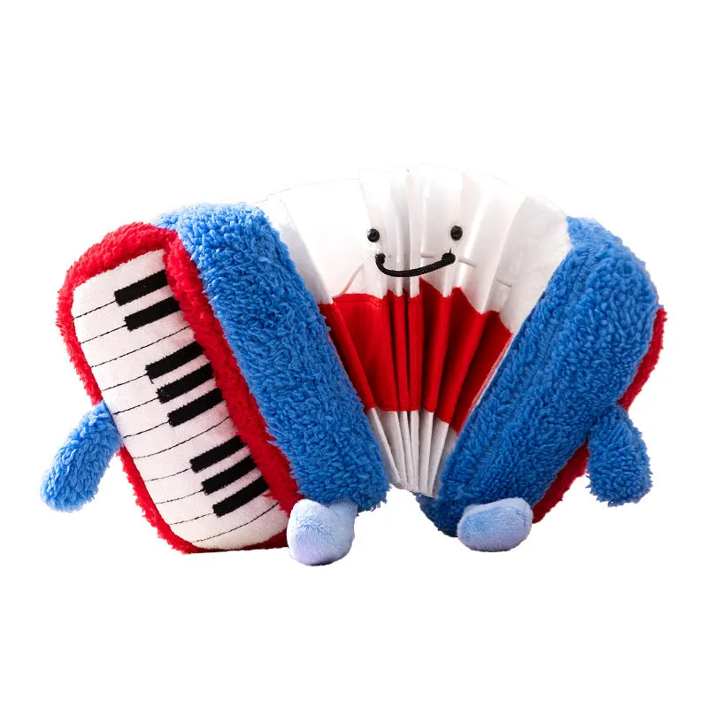 Blue accordion dog squeak toy with food hiding compartment on white background