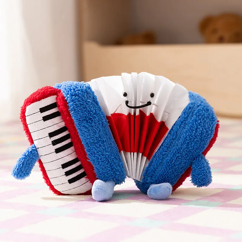 Blue accordion dog squeak toy with food hiding compartment on white background