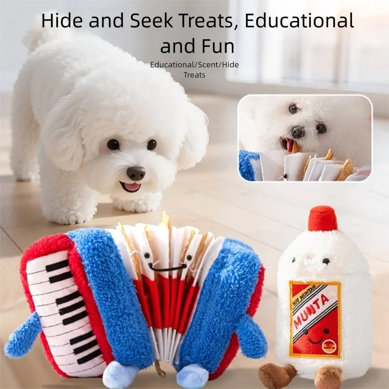 Blue accordion dog squeak toy with food hiding compartment on white background