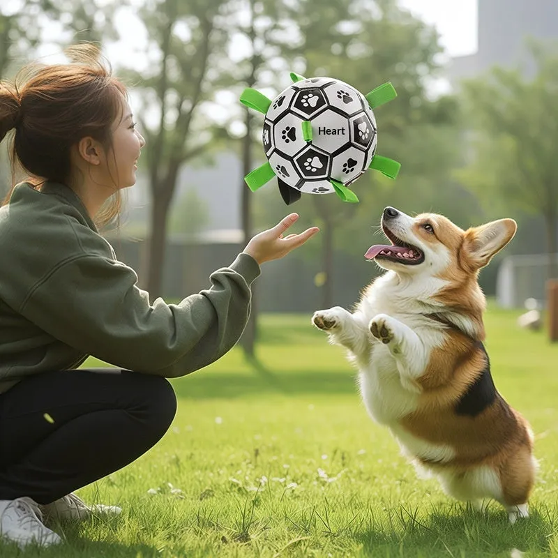 Medium dog toy ball for chewing and fetching made from PVC with a sounding feature for interactive play
