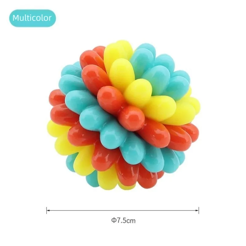 Multicolour durable rubber dog teething ball in red yellow and teal for dental cleaning and interactive play