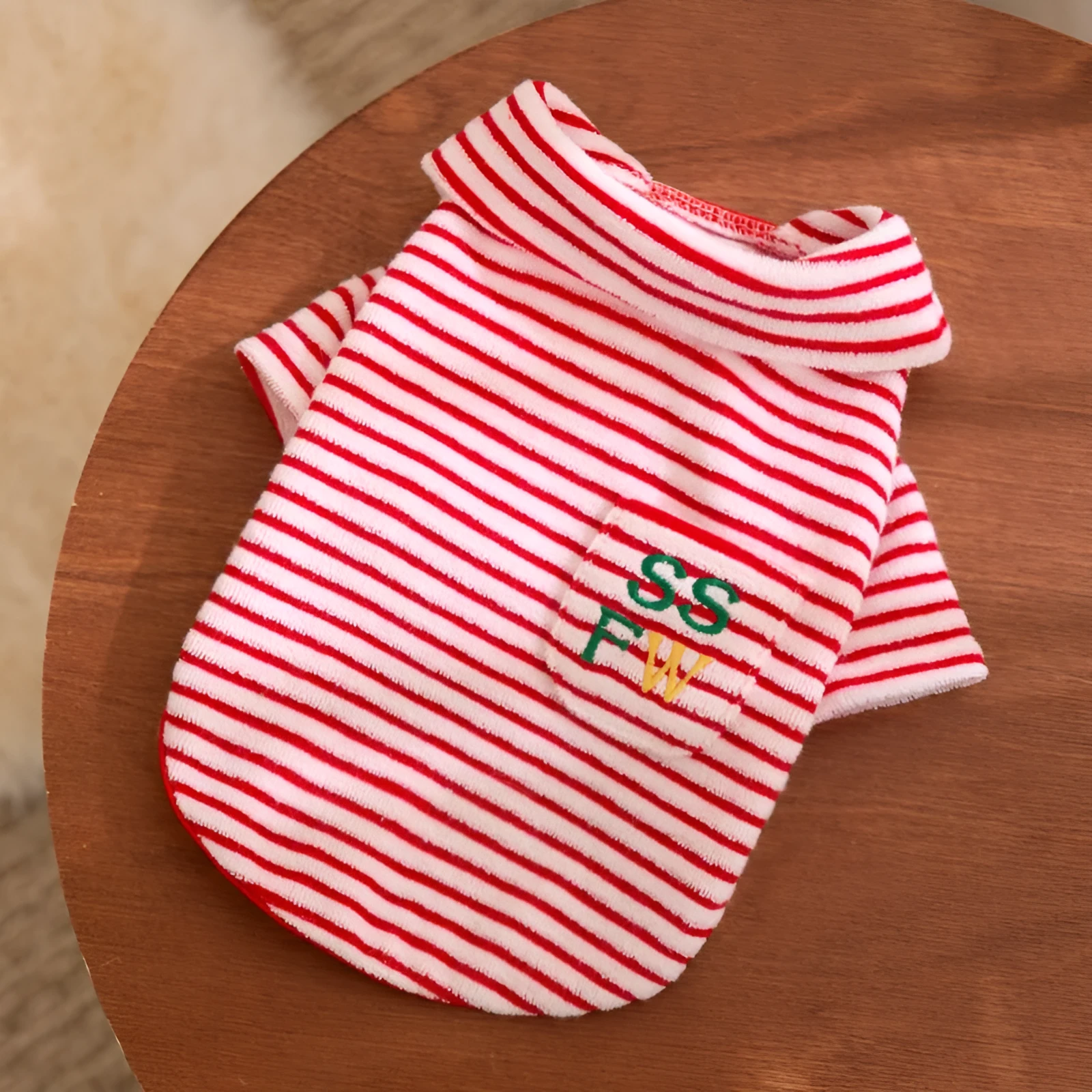 Red striped two-legged fleece pet clothing for small to medium dogs and cats