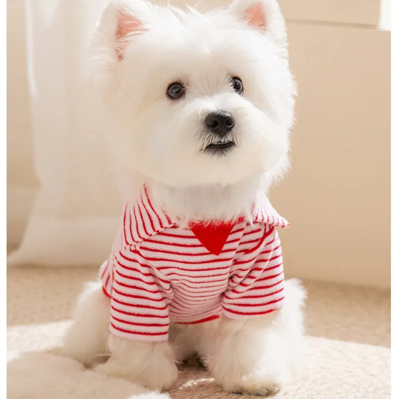 Red striped two-legged fleece pet clothing for small to medium dogs and cats