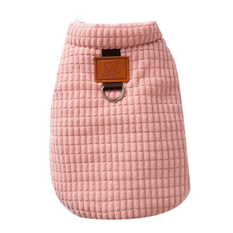 Pink corduroy dog vest with metal leash ring, cotton lining, and bear emblem tag, for small and medium dogs