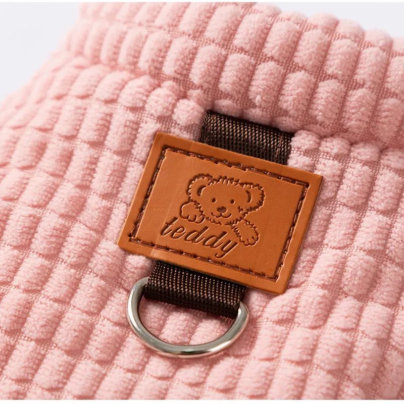 Pink corduroy dog vest with metal leash ring, cotton lining, and bear emblem tag, for small and medium dogs