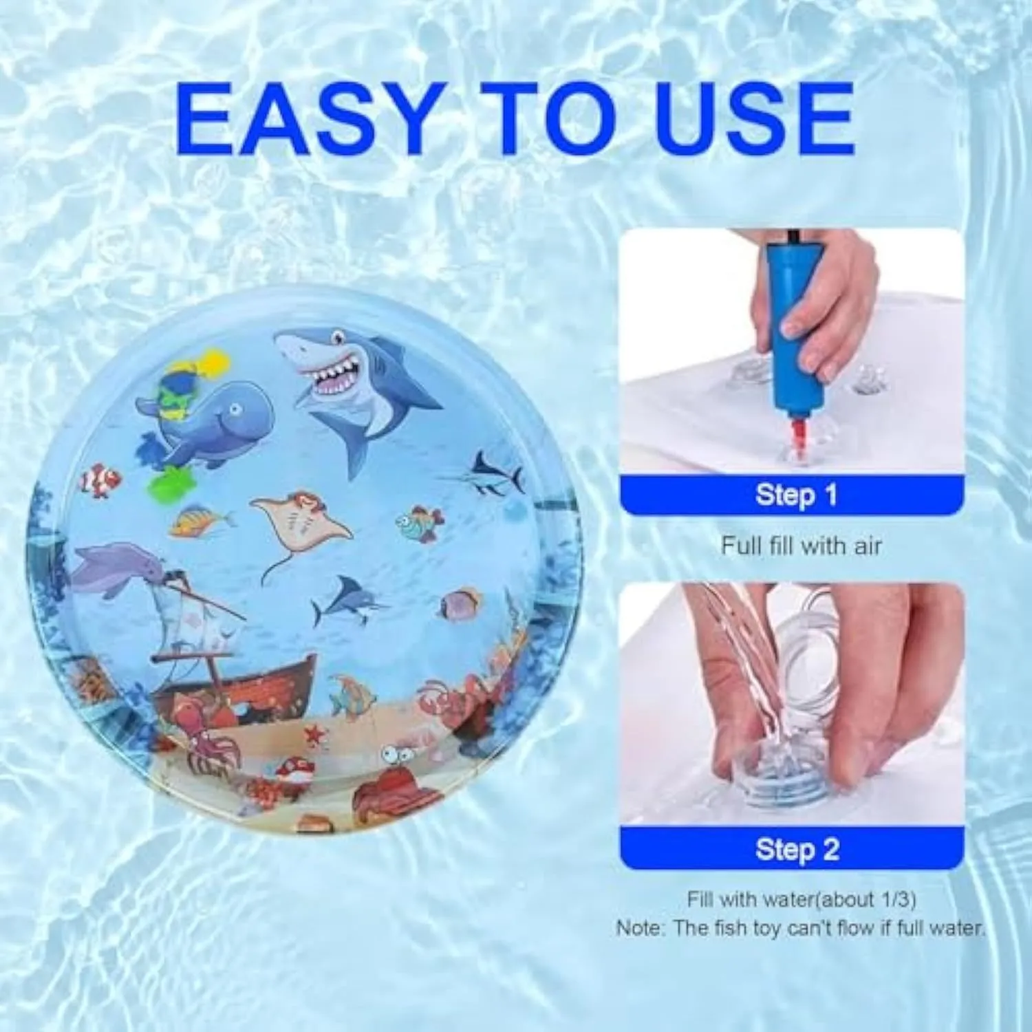 Blue 90cm diameter cat water sensory playmat with floating ocean fish toys inside.