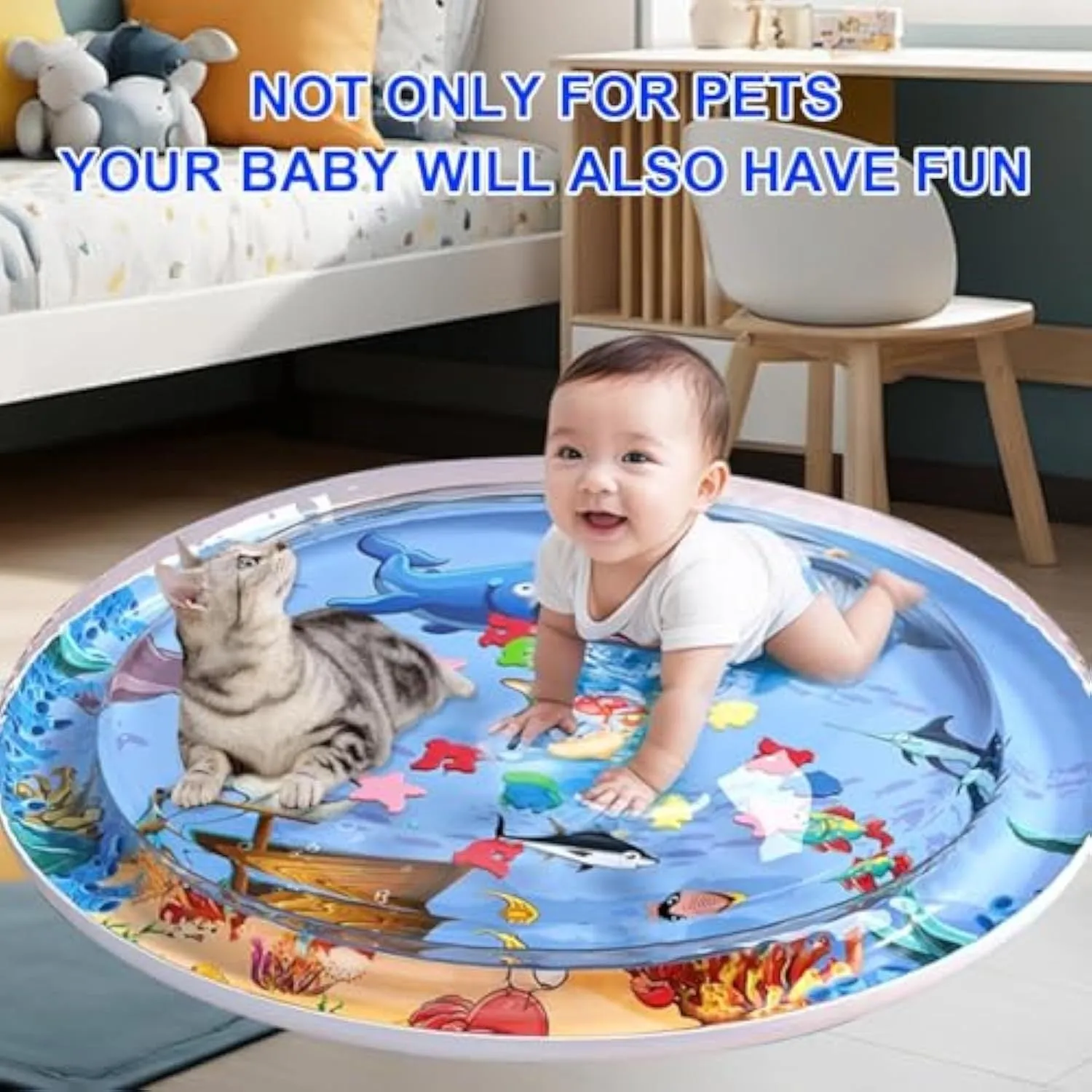 Blue 90cm diameter cat water sensory playmat with floating ocean fish toys inside.