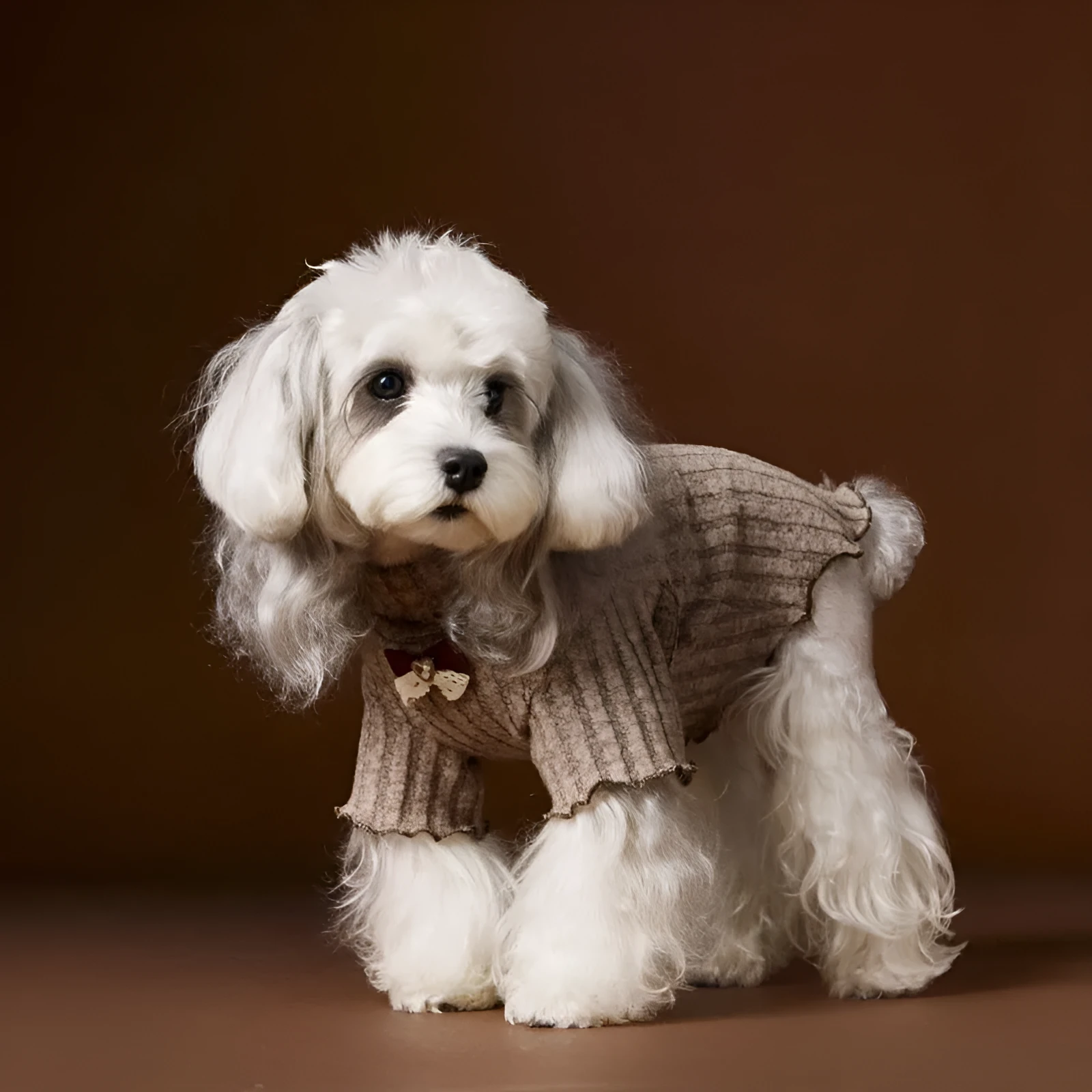 Small dog wearing a casual lace bow bottoming shirt in beige colour, side view