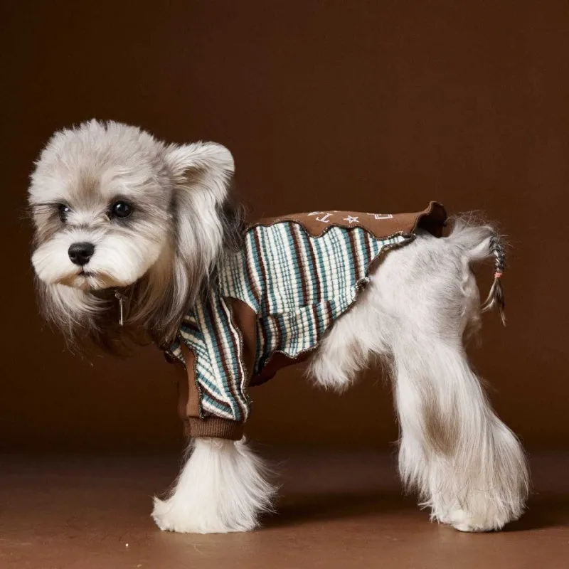 Striped blue polyester dog sweater with zipper front on a small dog, casual pet coat design for Schnauzer Teddy Bichon Yorkshire