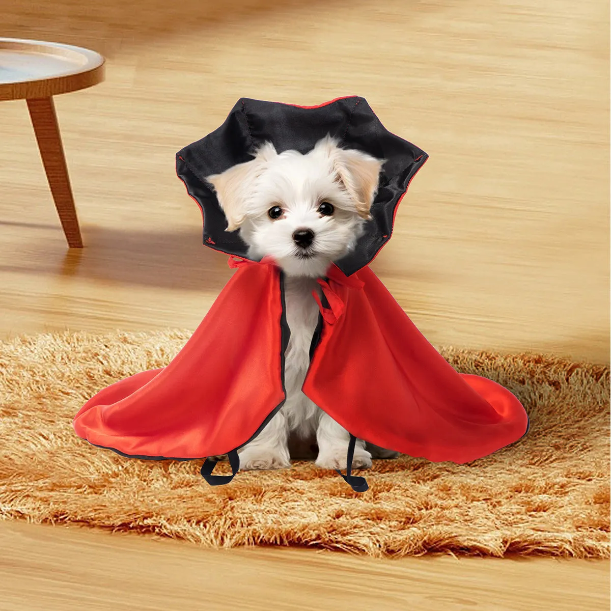 Red polyester Halloween cloak for medium large dogs with adjustable neck fastening
