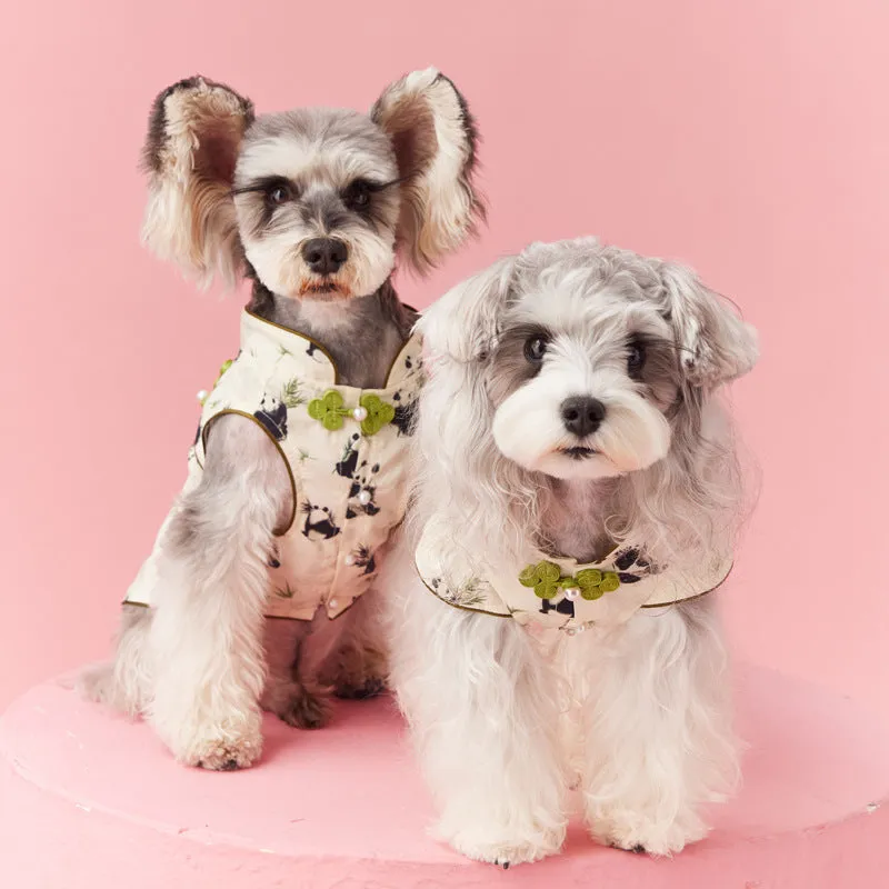 Chinese style sleeveless panda vest for small dog, polyester pet clothing with pendant