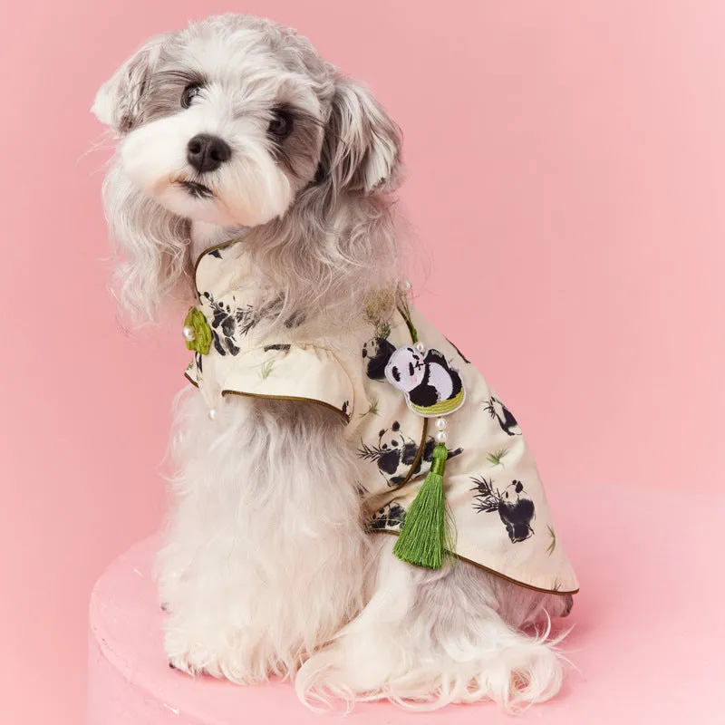 Chinese style sleeveless panda vest for small dog, polyester pet clothing with pendant