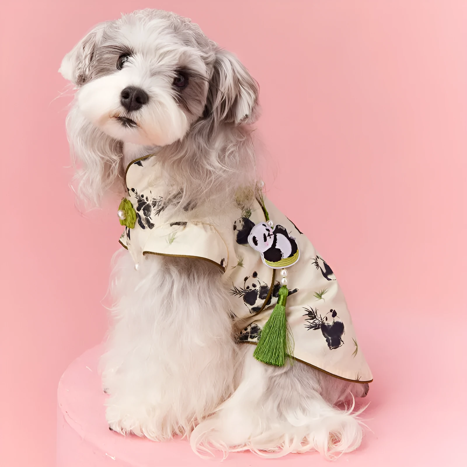 Chinese style sleeveless panda vest for small dog, polyester pet clothing with pendant