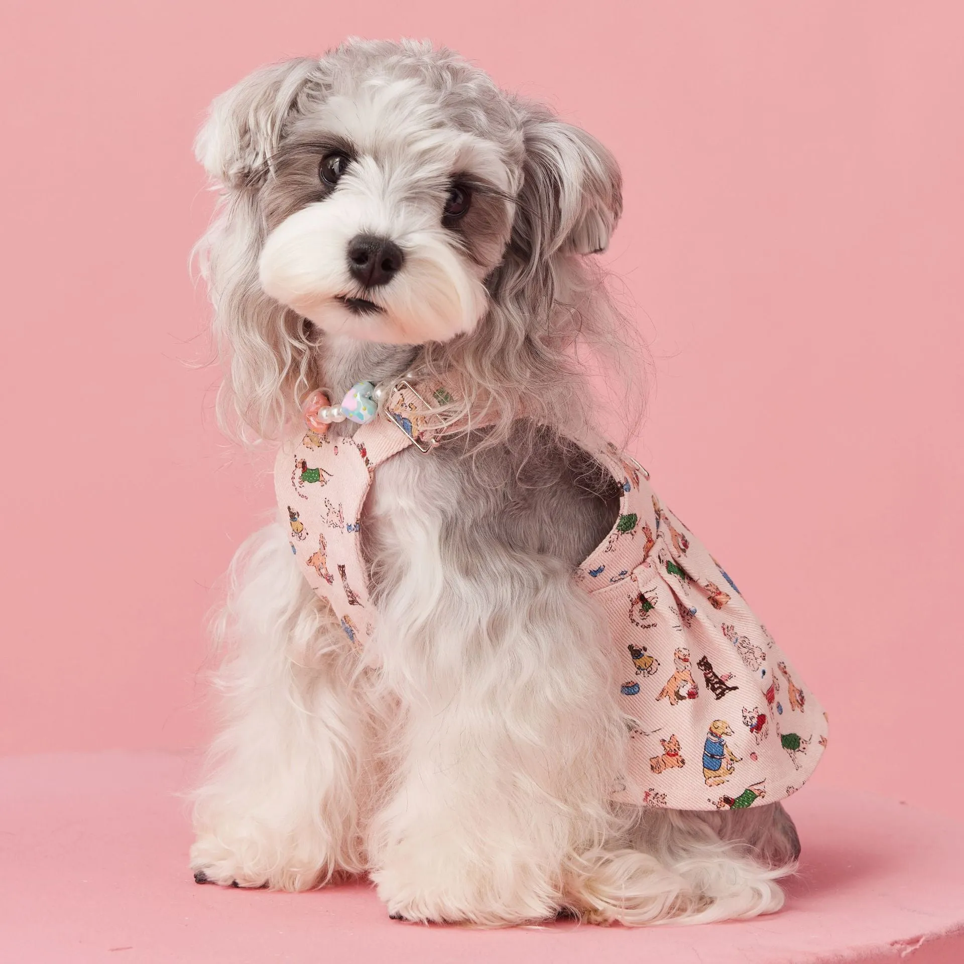 Beige cotton denim suspender skirt for small dogs, size M, on a white background