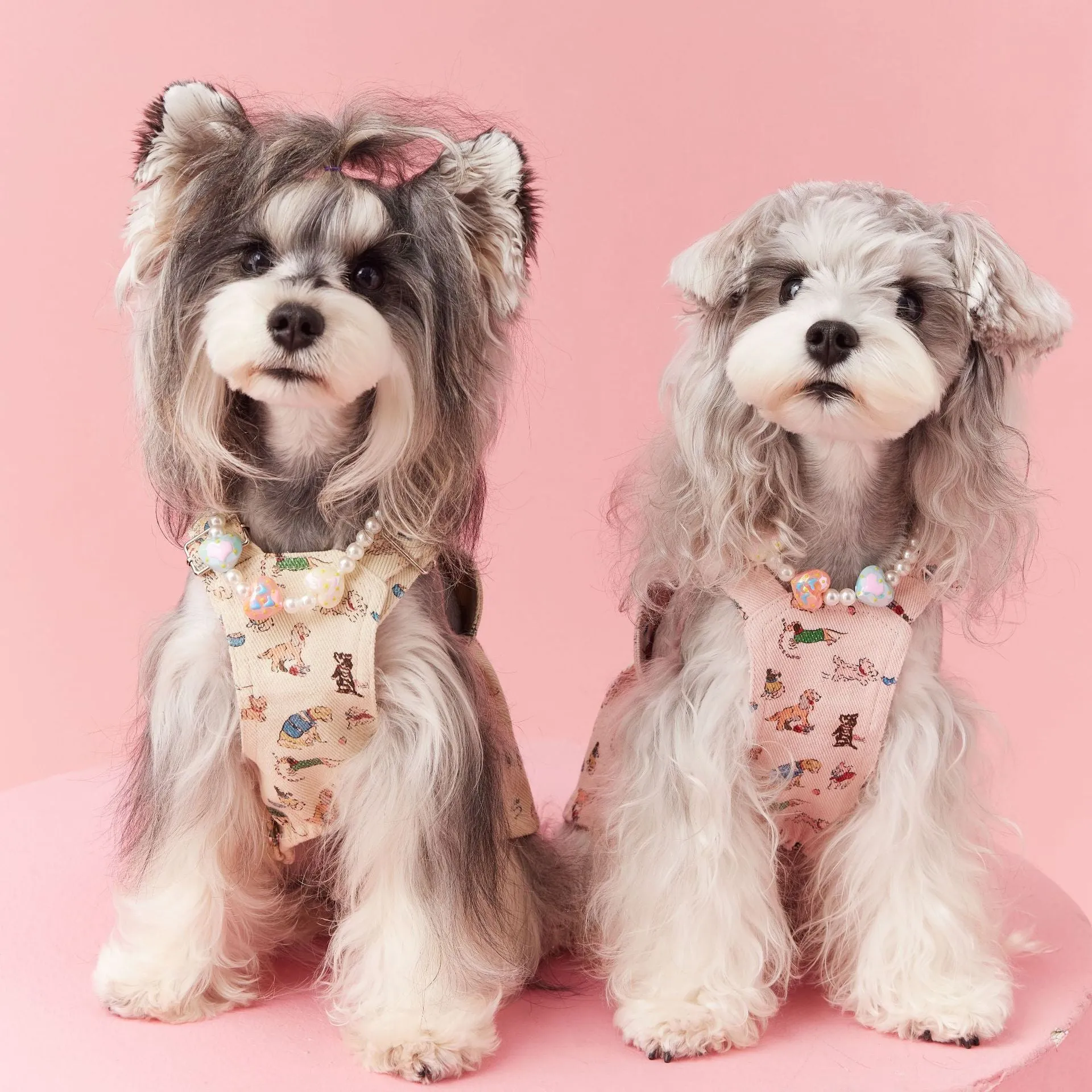 Beige cotton denim suspender skirt for small dogs, size M, on a white background
