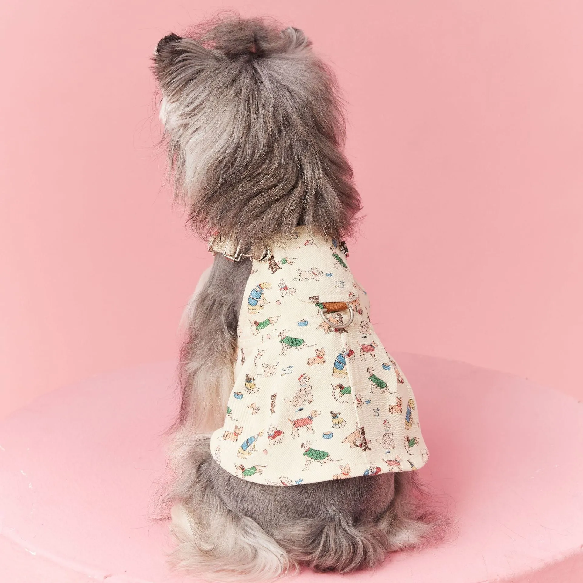 Beige cotton denim suspender skirt for small dogs, size M, on a white background
