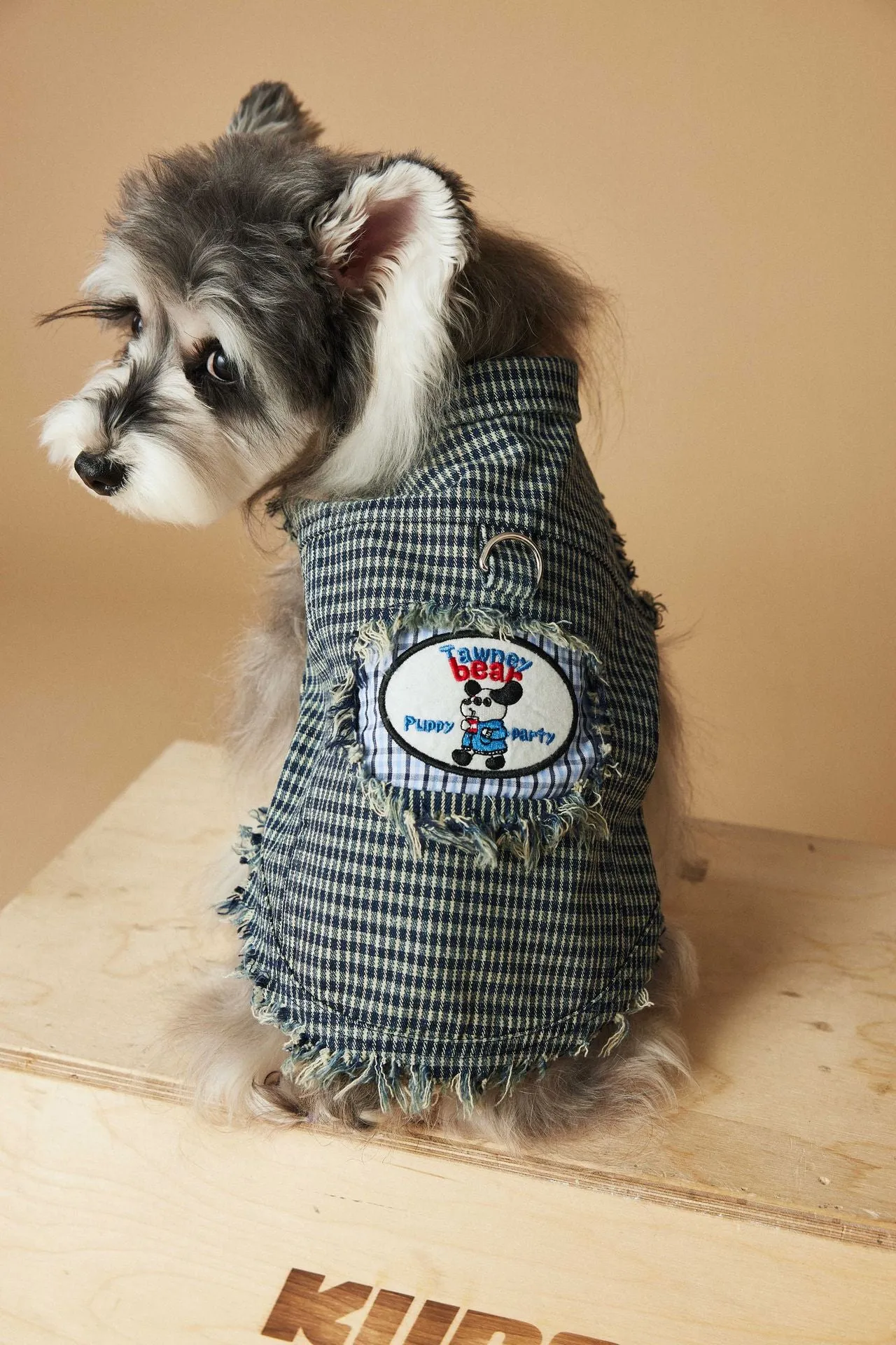 Blue washed old plaid sleeveless denim vest for dogs cotton casual pet clothing