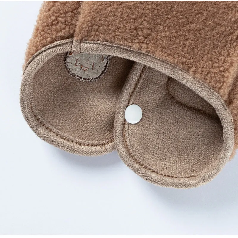 Brown fleece dog jacket with beige white and brown bear embroidery on side, side-button closure, small embroidered pocket, for small breeds