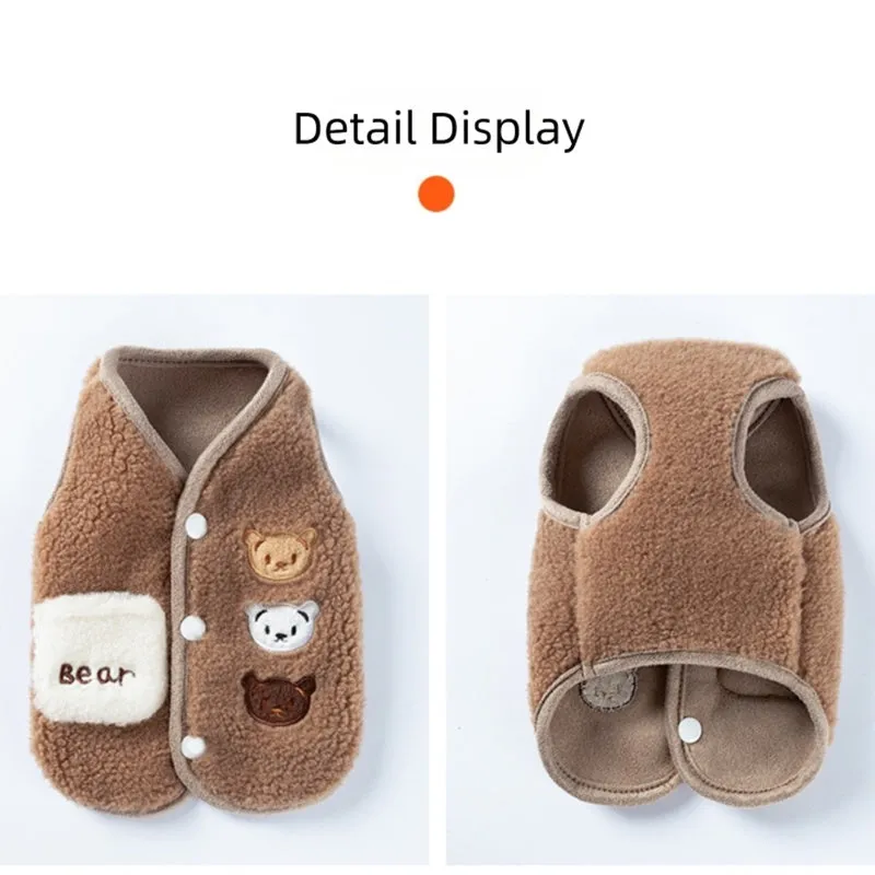 Brown fleece dog jacket with beige white and brown bear embroidery on side, side-button closure, small embroidered pocket, for small breeds