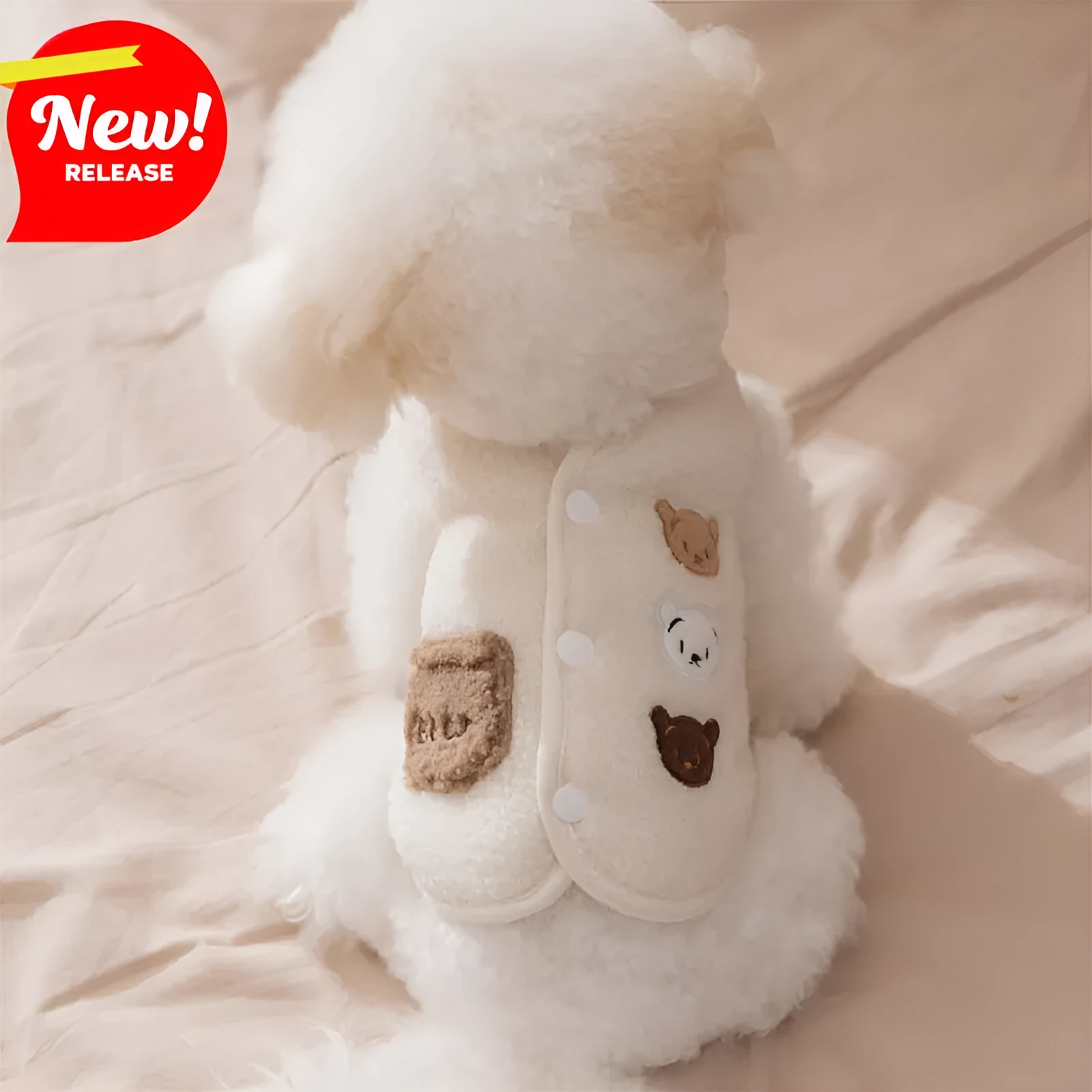 Brown fleece dog jacket with beige white and brown bear embroidery on side, side-button closure, small embroidered pocket, for small breeds