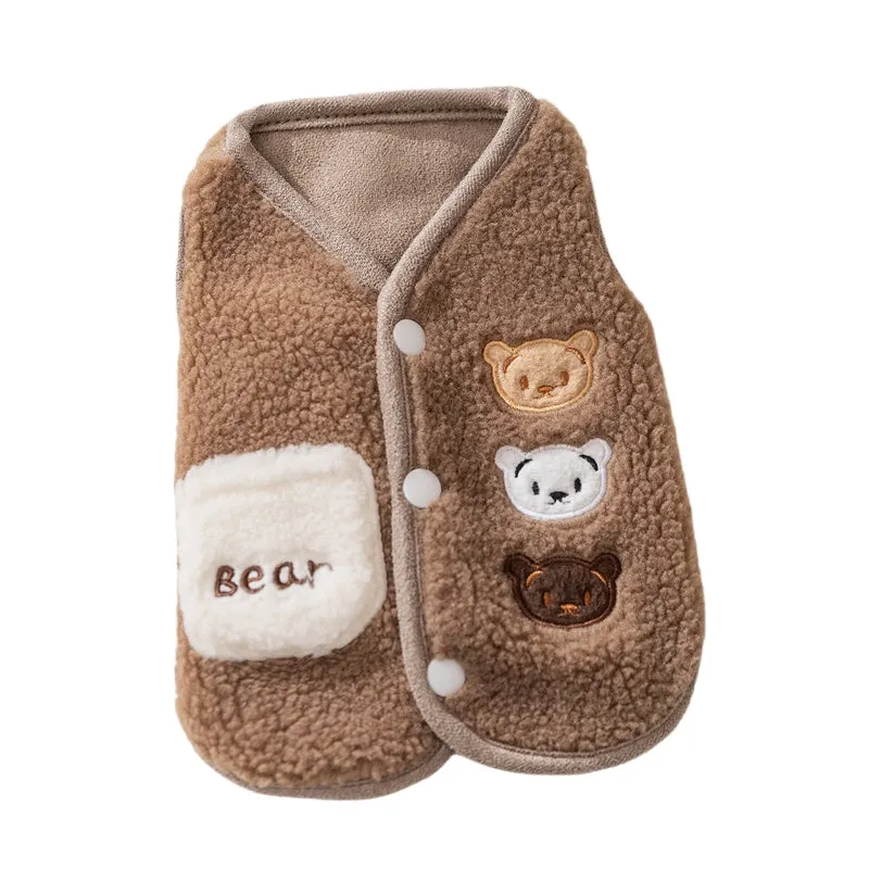 Brown fleece dog jacket with beige white and brown bear embroidery on side, side-button closure, small embroidered pocket, for small breeds