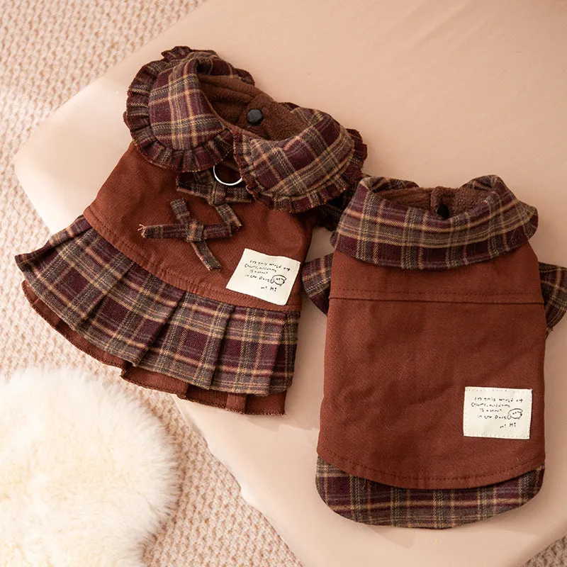 Autumn winter dog skirt with check pattern and thermal wool lining, featuring stretchable knitted fabric for small and medium dogs