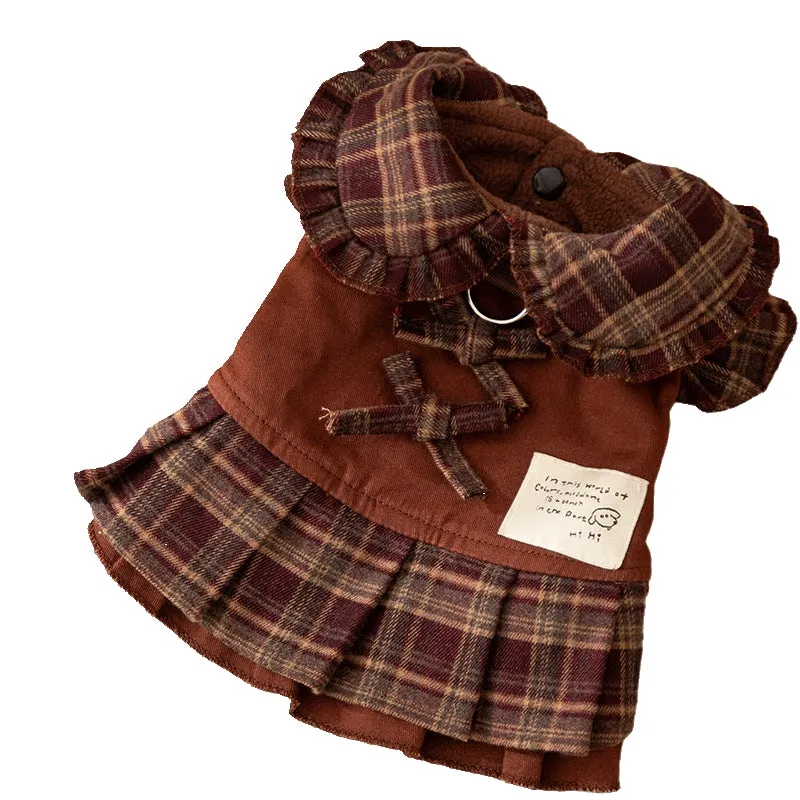 Autumn winter dog skirt with check pattern and thermal wool lining, featuring stretchable knitted fabric for small and medium dogs
