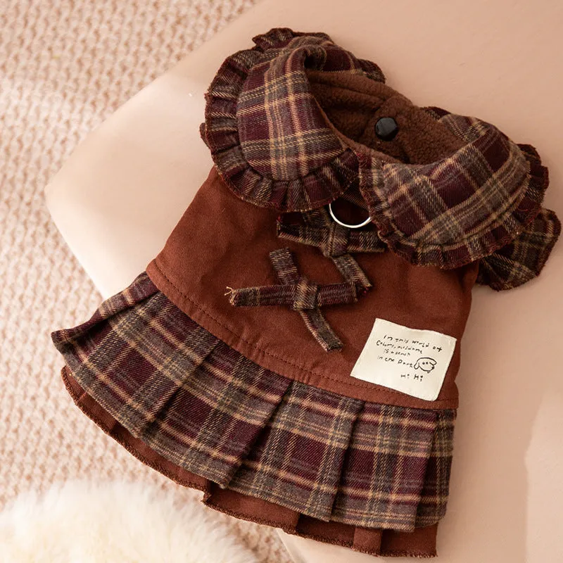 Autumn winter dog skirt with check pattern and thermal wool lining, featuring stretchable knitted fabric for small and medium dogs