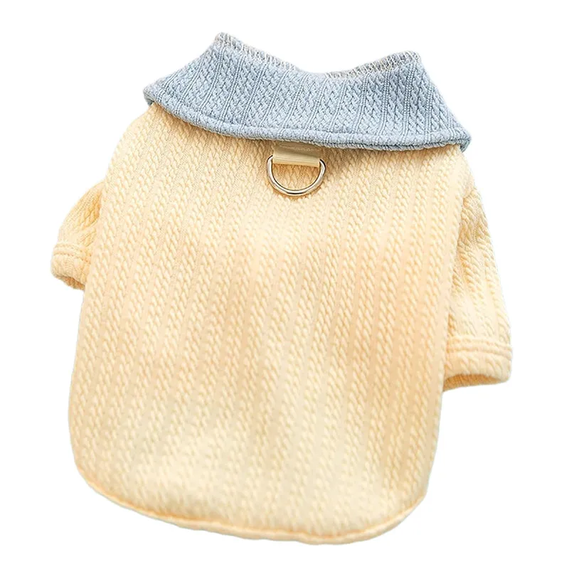 Yellow colour-block knit dog coat with bow tie collar on a small dog, suitable for autumn winter wear