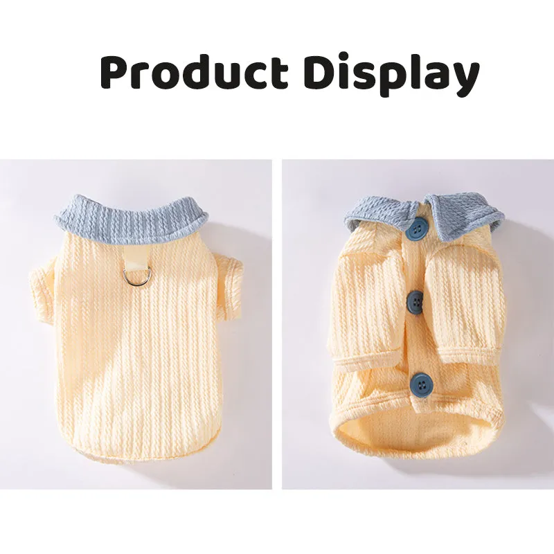 Yellow colour-block knit dog coat with bow tie collar on a small dog, suitable for autumn winter wear