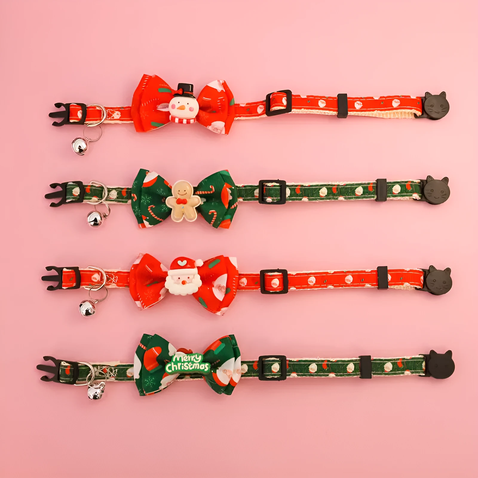 Christmas pet collar with bow tie, bell, and adjustable strap featuring Santa Claus and tree patterns