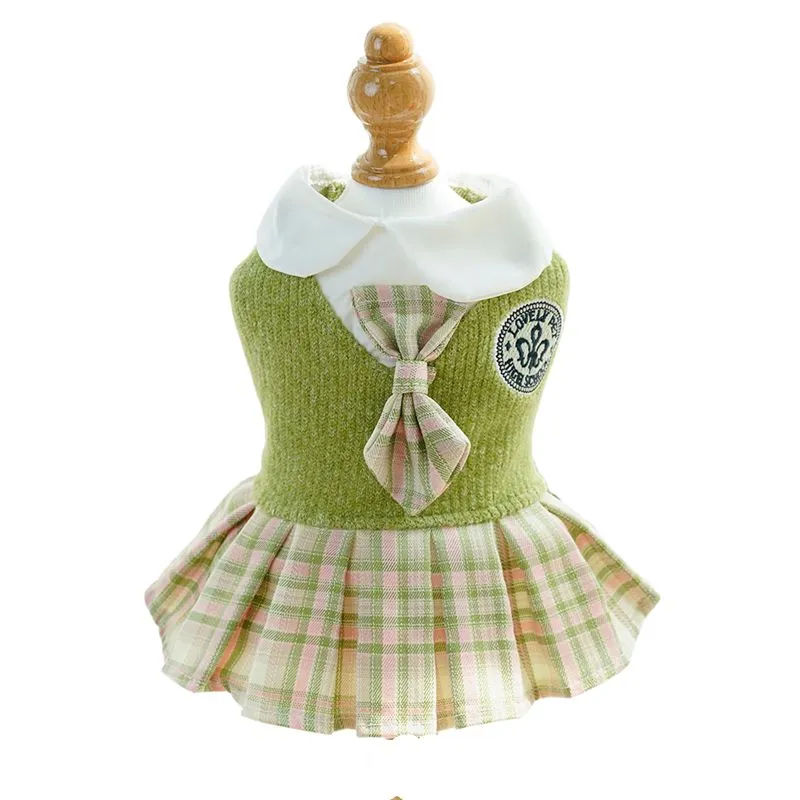 College style plaid dog dress for small dogs and cats, polyester, pink colour, available in sizes XS to XXL